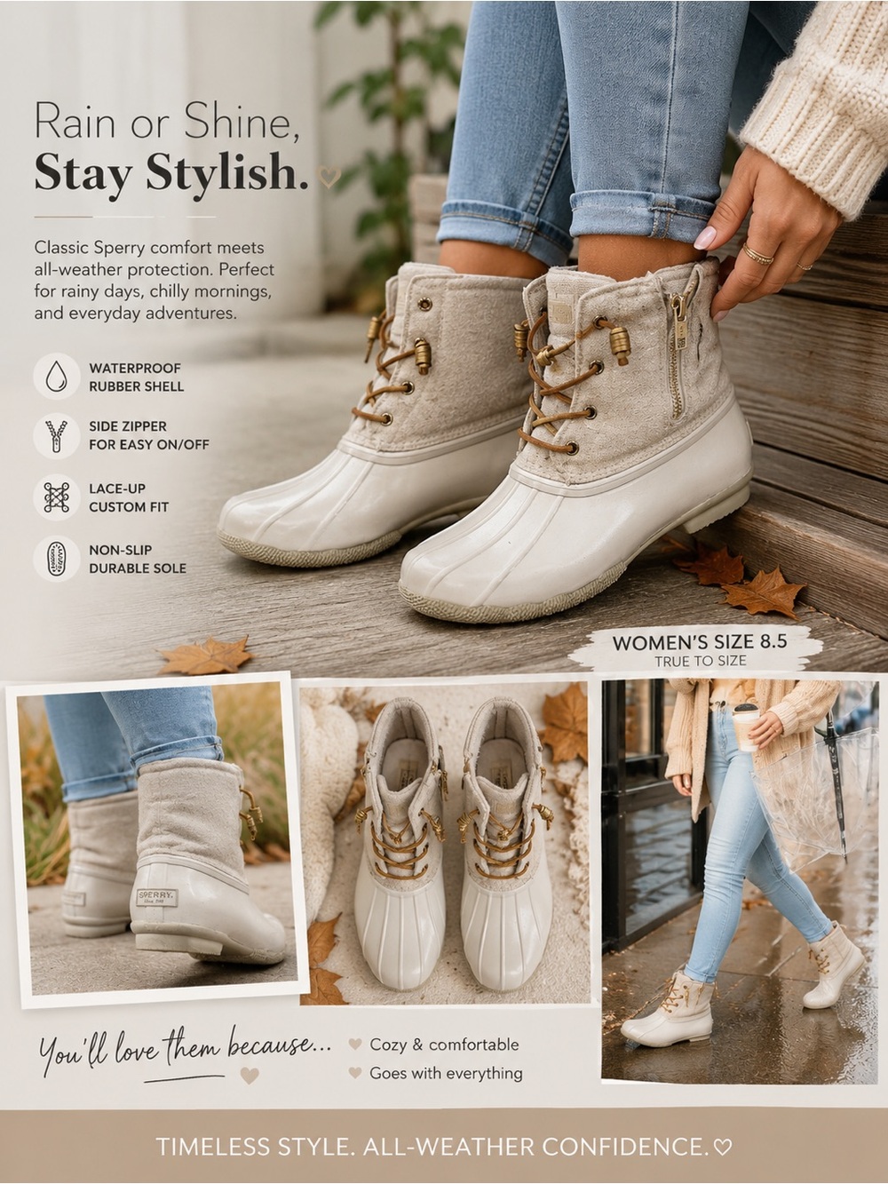 Sperry Women's Cream Lace-Up Waterproof Duck Boots